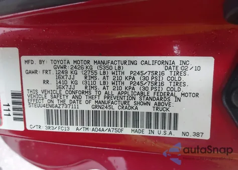 2010 Toyota Tacoma Base V6 z USA, uszkodzony, nr VIN 5TEUU4EN6AZ737111